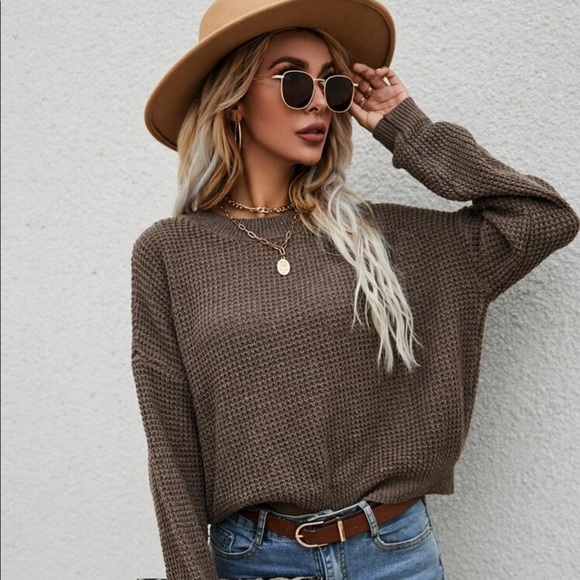 BROWN SOLID DROP SHOULDER SWEATER - Picture 6 of 8